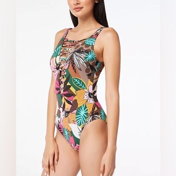 BLEU BY ROD BEATTIE  Lace-Up Over-the-Shoulder Swimsuit Jungle Book Floral 14 - Picture 3 of 15